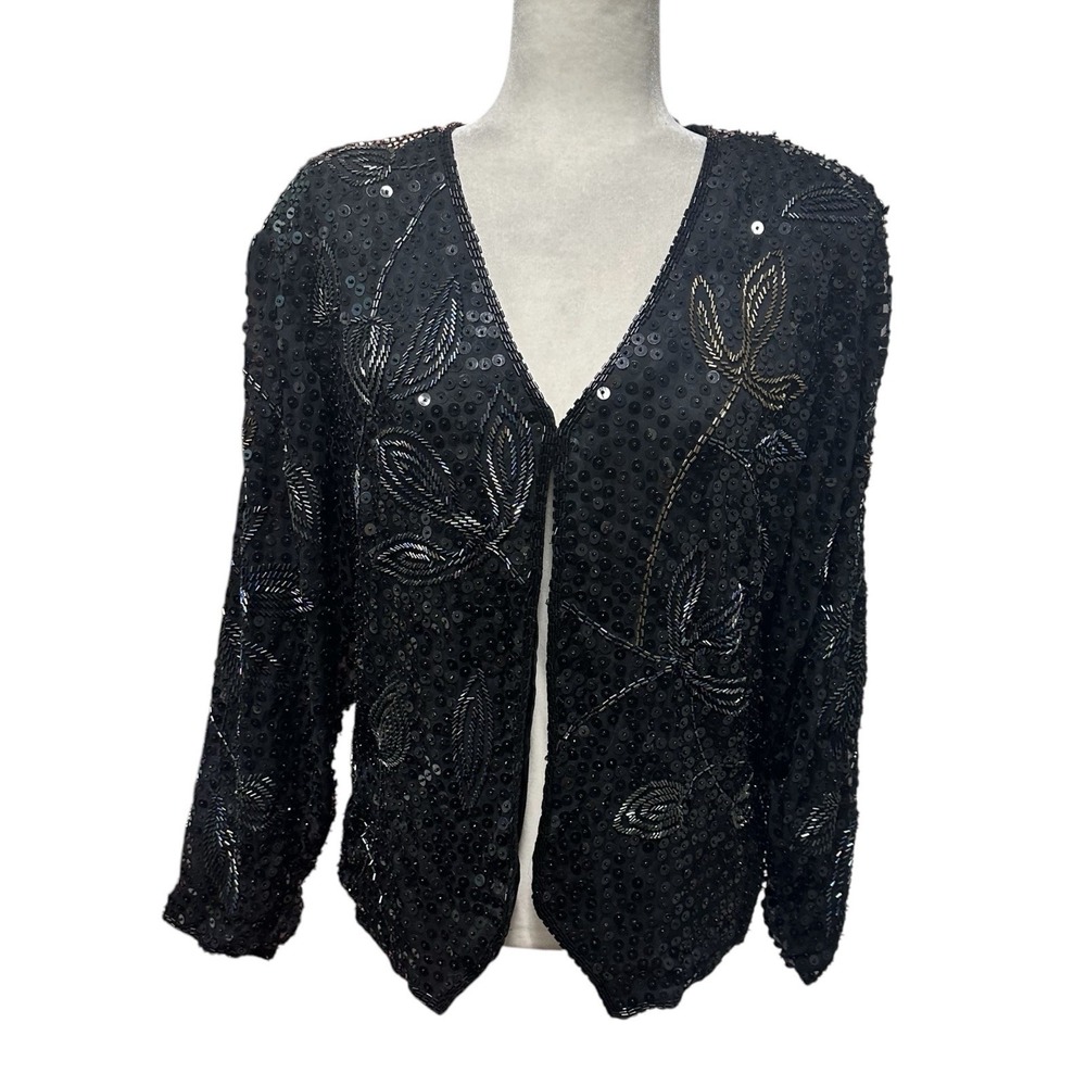 Vtg Womens Size L Evening Jacket All Over Beaded Sequined Glam Long Sleeve Black